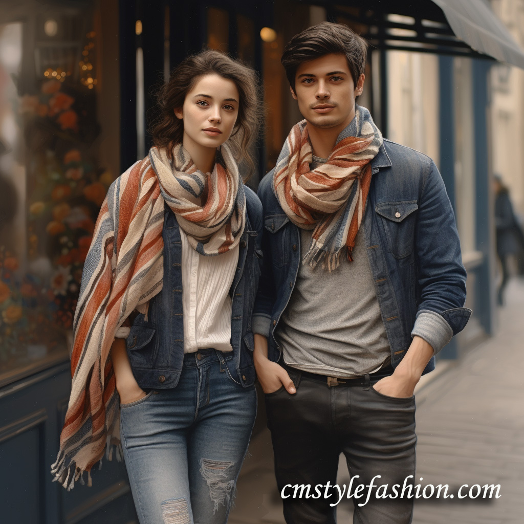lovers with striped scarves and jeans